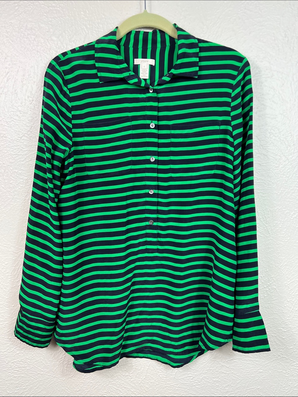 J. Crew Silk Navy Blue & Green Stripe Long Sleeve Popover  Blouse 6